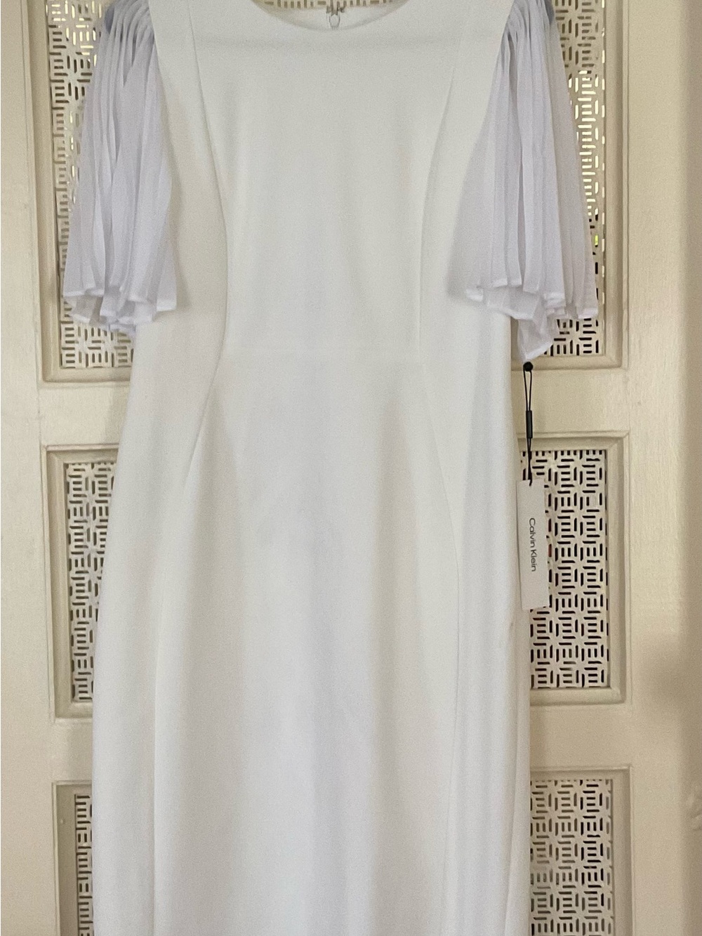 Calvin Klein White Midi Dress with Pleated Short Sleeves